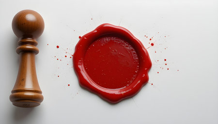 red wax seal with drop of blood and wooden stamp on white backgroundの素材