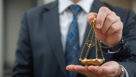 Male lawyer or notary holding scales of justice. Law and justice concept.の素材