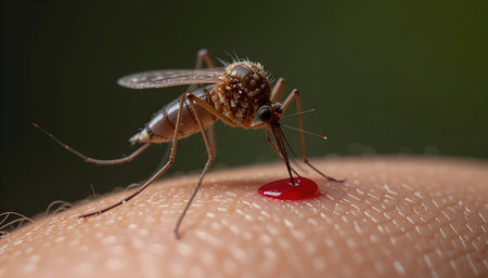 Mosquito sucking blood on human skin, closeup of photoの素材