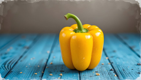 Yellow bell pepper on a blue wooden table with space for text.の素材