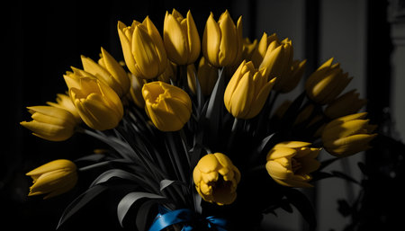Bouquet of yellow tulips in vase on black backgroundの素材