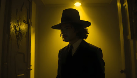 Portrait of a young man in a hat and coat. Studio shot.の素材