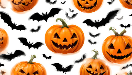 Halloween seamless pattern with pumpkins and bats. Vector illustration.の素材