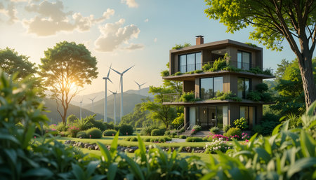 modern house in the garden with wind turbines on background at sunset.の素材