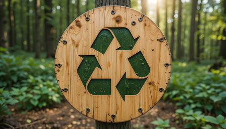 Wooden sign with recycling symbol in green forest. Recycling conceptの素材