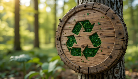 Wooden sign with a symbol of recycling in the forest. Eco concept.の素材