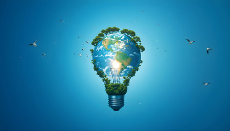 Glowing light bulb with Earth planet inside. Elements of this image are furnished by NASAの素材