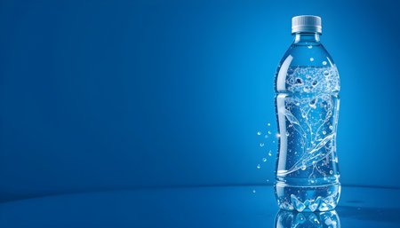 Plastic bottle with water on blue background. Copy space for text.の素材