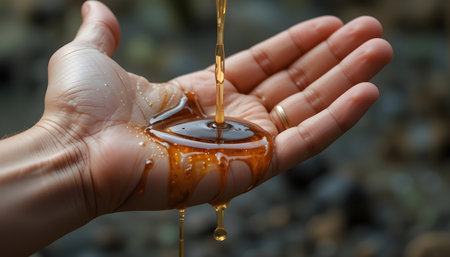 Honey dripping from a honey dipper into the hands of a womanの素材