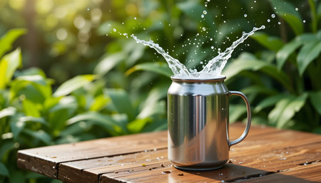 Water splash out of a metal mug on a wooden table in the gardenの素材