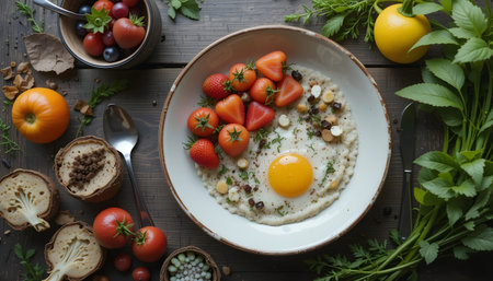 Healthy breakfast. Oatmeal with eggs, tomatoes, mushrooms and herbs on a wooden tableの素材