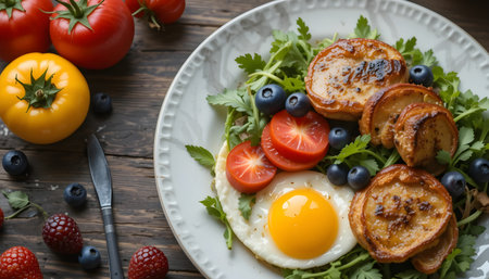 Fried eggs with blueberries, tomatoes and parsley on wooden backgroundの素材