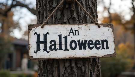 Halloween sign hanging on a tree in the park. Halloween concept.の素材