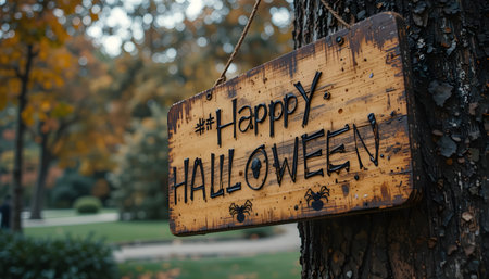 happy halloween sign on tree with autumn leaves in background.の素材