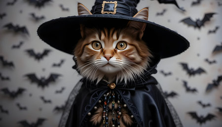 Halloween cat in witch costume on background of bats and spiders.の素材