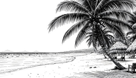Coconut palm tree on the beach. Black and white illustrationの素材