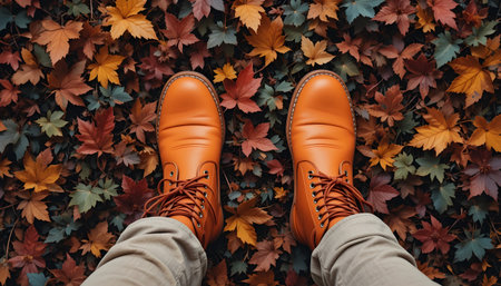 Close up of male legs in orange boots standing on autumn leaves backgroundの素材