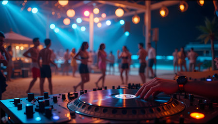 Dj mixer playing music on the beach at night club party.の素材