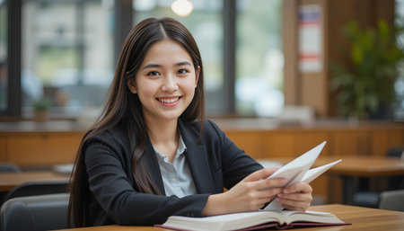 Young asian businesswoman reading a book in a coffee shop.の素材