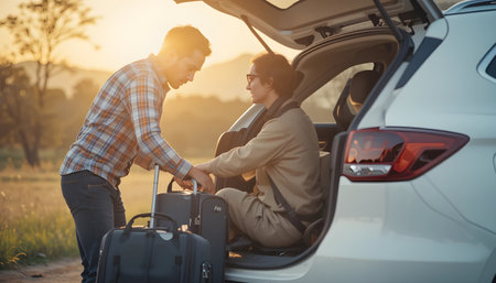 traveler man and woman with luggage in car trunk ready to travelの素材