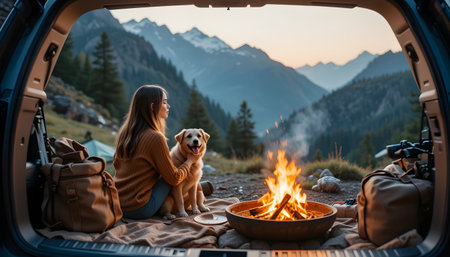 Young woman with her dog sitting near the campfire in the mountainsの素材