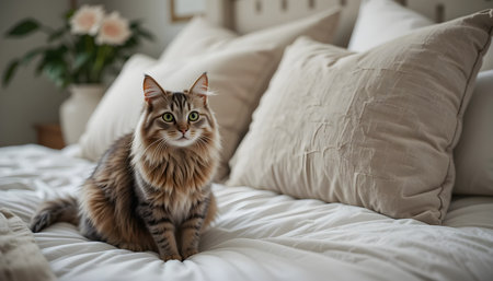 Cute cat on bed at home. Fluffy pet in roomの素材