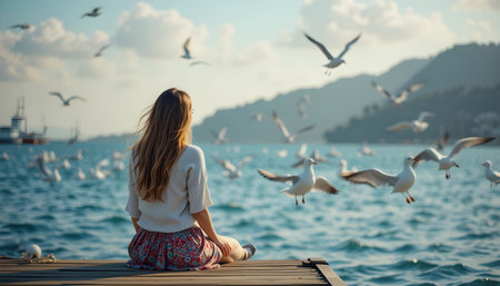 Young woman sitting on a pier and looking at seagullsの素材