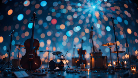 Musical instruments on stage with bokeh background. Music conceptの素材