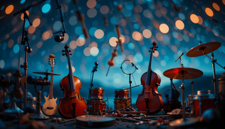 Musical instruments on bokeh background. Music festival concept.の素材