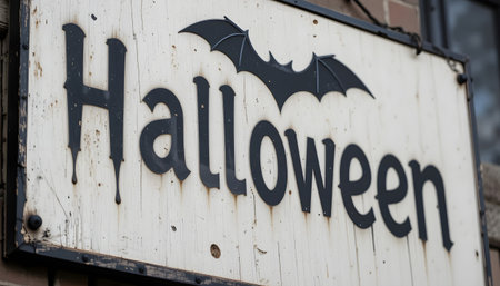 Halloween sign on a wooden wall with bats in the background.の素材