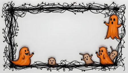 Halloween frame with pumpkins and ghosts isolated on white background.の素材