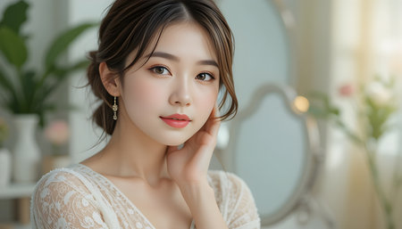 Portrait of beautiful asian woman looking at mirror in the roomの素材