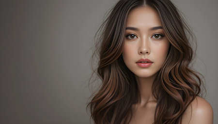 Portrait of a beautiful young Asian woman with long brown hairの素材