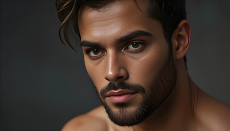 Portrait of a handsome young man with dark hair and beard.の素材