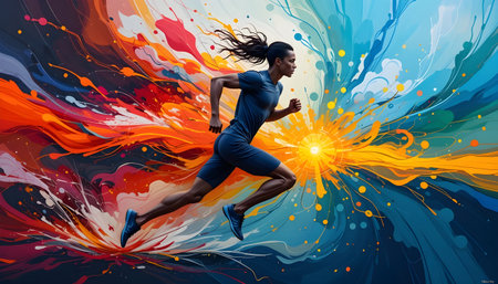 Young woman runner running on colorful splashes background. Sport and fitness.の素材