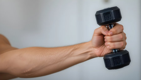 Close-up of man's hand holding dumbbells in gymの素材