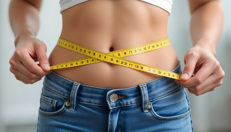 Woman measuring her waist with a tape measure. Weight loss concept.の素材