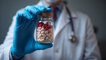 Doctor holding a jar with pills and stethoscope, closeupの素材