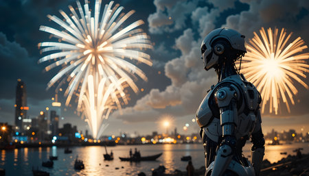 3D rendering of a robot with fireworks in the sky background.の素材