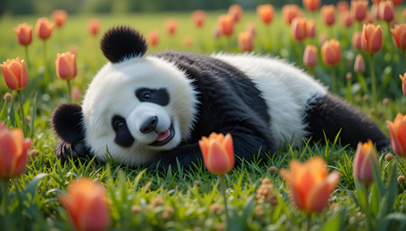 Giant panda with red tulips in the meadow.の素材