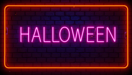 Halloween neon sign on brick wall background. Vector stock illustration.の素材