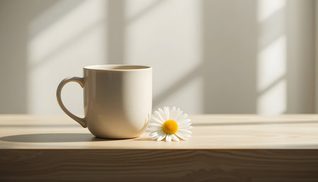 White cup of coffee with chamomile flower on wooden tableの素材