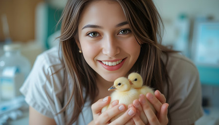 Beautiful young woman with cute duckling at home, closeupの素材