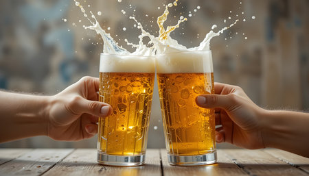 Close up of male and female hands holding beer glasses with splashesの素材