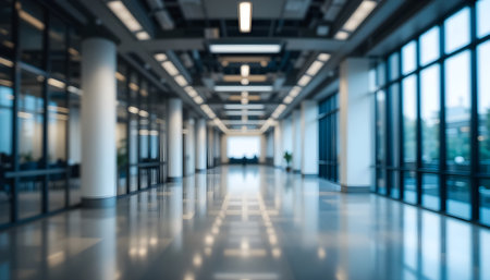 Blurred image of a corridor in an office building, business backgroundの素材