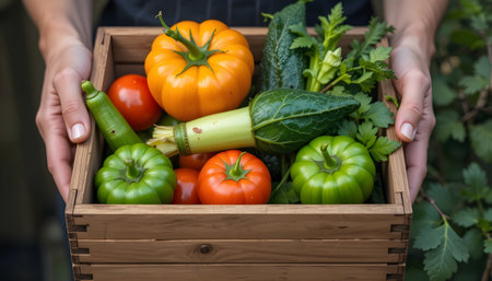 Fresh vegetables in a wooden box in the hands of a woman.の素材
