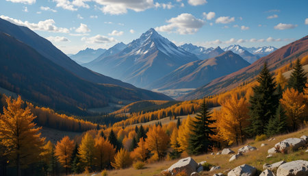 Mountain autumn landscape with yellow larches and snow-capped peaksの素材