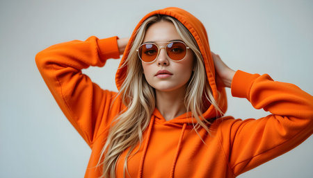 beautiful blonde girl in orange hoodie and sunglasses isolated on grayの素材