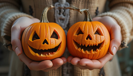 Halloween pumpkins in the hands of a girl in a sweaterの素材