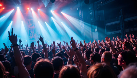 Crowd at a concert in front of a bright stage with bright rays of lightの素材